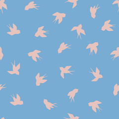 Seamless pattern with swallow silhouette on color background. Cute bird in flight. Vector illustration. Doodle style. Design for invitation, poster, card, fabric, textile