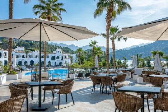 Charming hotel terrace with umbrella covered seating, palm trees, sea views, and scenic mountains