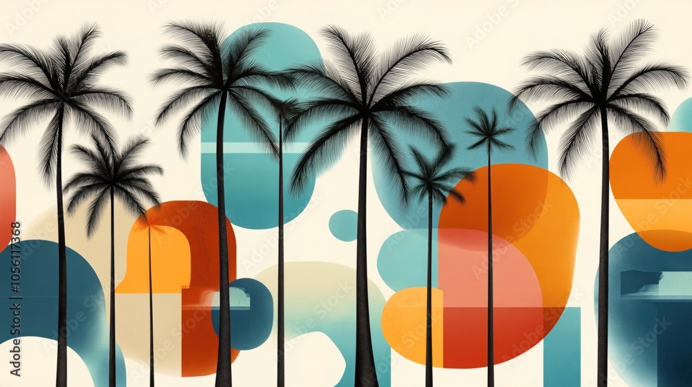 Wall mural abstract illustration of palm trees with colorful geometric shapes in a minimalist style