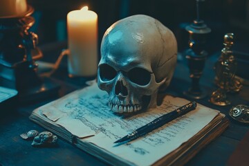 A mysterious desk displaying a skull, quill, and enigmatic magical artifacts in ink
