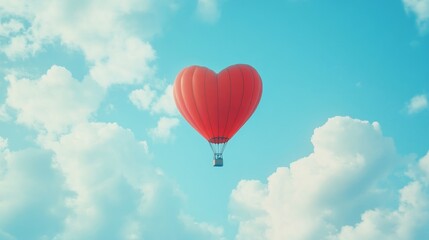 Fototapeta premium Heart shaped hot air balloon soaring in a clear blue sky surrounded by fluffy white clouds