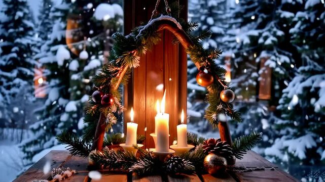 a cinematic video of a beautiful christian advent wreath with 4 candles out pine on christmas, falling snow, xmas, decoration, christmas ornaments, light