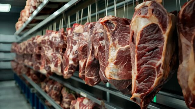 Rows of fresh meat hang in a refrigerated storage facility