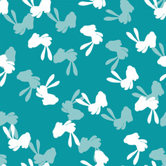 Seamless pattern with white silhouette Easter rabbits on color background. Design for card, postcard, wallpaper, fabric, textile. Vector stock illustration. Cartoon style