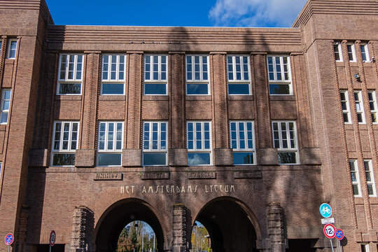 Amsterdam Lyceum (Het Amsterdams Lyceum) on Lairessestraat. School was Amsterdam's first lyceum (1917) Building style: School of Berlage and De Bazel. Amsterdam, the Netherlands. October 24, 2024.