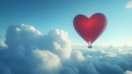 Fototapeta premium Heart shaped hot air balloon soaring in a clear blue sky among fluffy white clouds