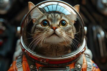 Curious cat in an astronaut suit explores a futuristic spacecraft