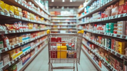 Shopping cart full of products in grocery store aisle