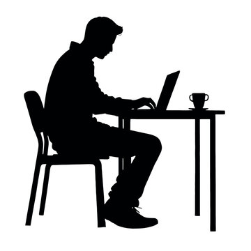 recommend clip art: a man browsing laptop sitting on the chair in front of table, vector silhouette