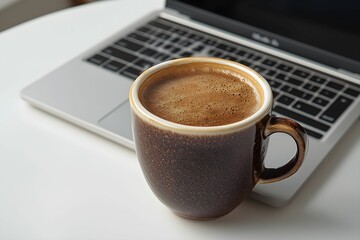 Enjoying a warm cup of coffee beside a laptop on a table
