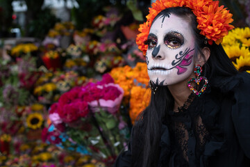  Mexican Catrina in Three-Quarter Profile with Floral Background