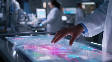 Scientist interacts with a touchscreen in a high-tech lab, analyzing complex data on a digital display with futuristic interface graphics.