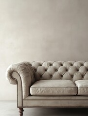 Vintage beige leather sofa with tufted design in minimalistic interior