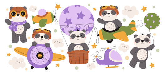 Happy cute panda pilot zoo animal character flying in sky by plane, air hot balloon funny set © Mykola Syvak