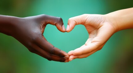 Two hands of different skin tones form a heart shape, representing unity, love, and diversity on a green background.