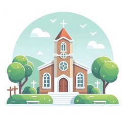 Fototapeta premium Flat, isolated illustration of a traditional church with a tall steeple and cross on top. Simple design with clean lines and neutral colors, ideal for religious or architectural themes.