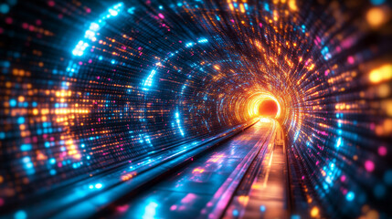 glowing portal suspended in a futuristic setting. The portal radiates blue and purple hues, suggesting a doorway to another dimension filled with mystery