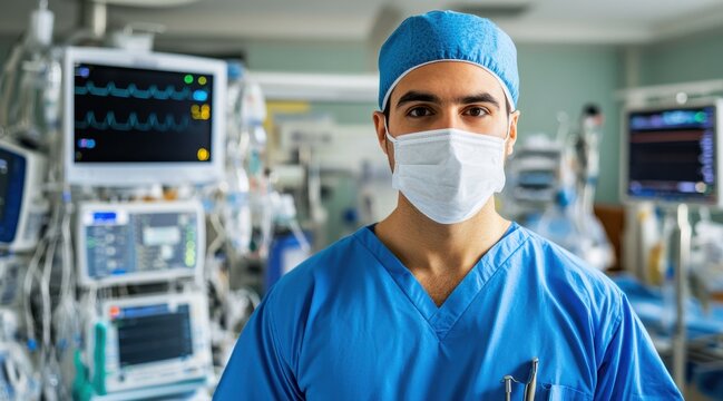 A healthcare worker in scrubs and a surgical mask poses in a hospital ICU, highlighting dedication and healthcare professionalism.