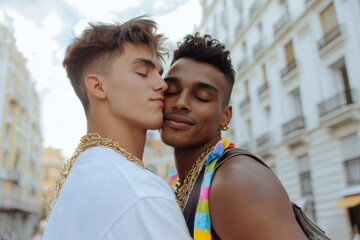 An interracial couple shares an affectionate moment, embracing in an urban city square, conveying LGBTQ+ pride, love, and unity.