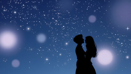 Obraz premium Silhouettes of a young couple under the starry sky isolated with white highlights, png