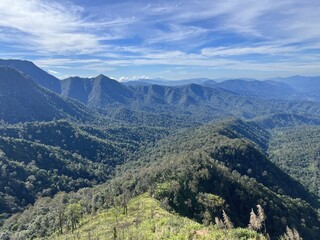 Obraz premium A breathtaking vista showcasing layered mountains, lush greenery, and a clear blue sky, inviting exploration and appreciation of nature's beauty