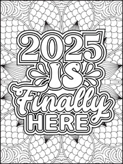 Happy New Year Quote Coloring Page for Adults. New Year Mandala Quote Coloring Page.