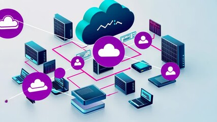 A visual representation of a cloud computing network with multiple connected servers, devices, and users