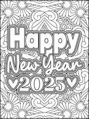 Happy New Year Quote Coloring Page for Adults. New Year Mandala Quote Coloring Page.