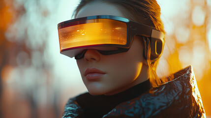 Stylish woman in futuristic orange-tinted VR headset, close-up portrait, sunlight backdrop, futuristic tech vibes
