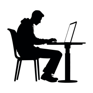 recommend clip art: a man browsing laptop sitting on the chair in front of table, vector silhouette