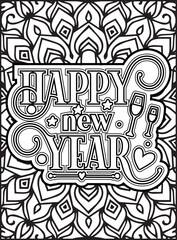 Happy New Year Quote Coloring Page for Adults. New Year Mandala Quote Coloring Page.