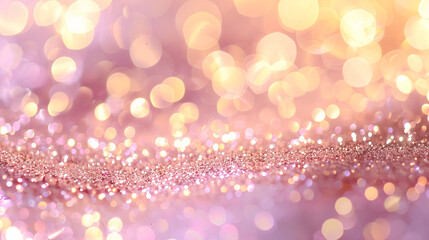 Bokeh soft pastel pink background with blurred golden lights: Festive background.