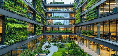 Large eco-friendly office building with floor-to-ceiling windows, vertical gardens on the facade, open courtyard with green walkways and seating areas.
