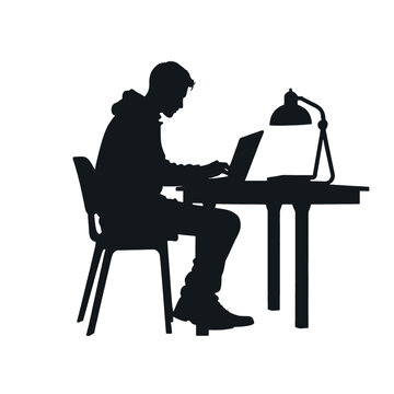 recommend clip art: a man browsing laptop sitting on the chair in front of table, vector silhouette