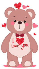 Obraz premium I love you Caleb - cute and sweet teddy bear on a wedding, Valentine's or just to say I love you pink celebration card, joyful, happy party style with glitter and red and pink hearts, 3d illustratio