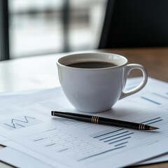 Black coffee in a white cup beside business reports on a wooden table