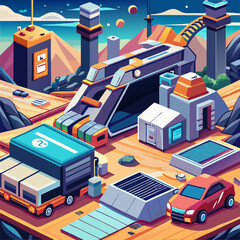 Futuristic isometric illustration of a space station with a transporter, futuristic vehicles, and other buildings on a planet with a starry sky background. This design is ideal for sci-fi projects.