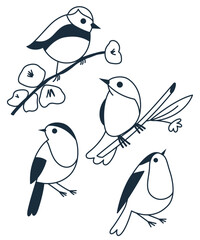 Art set of cute birds. Vector illustration for decor, stickers or template for postcard