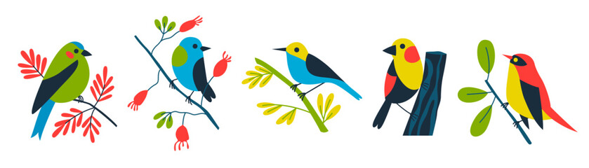 Set of colored birds on branches. Vector geometric illustration