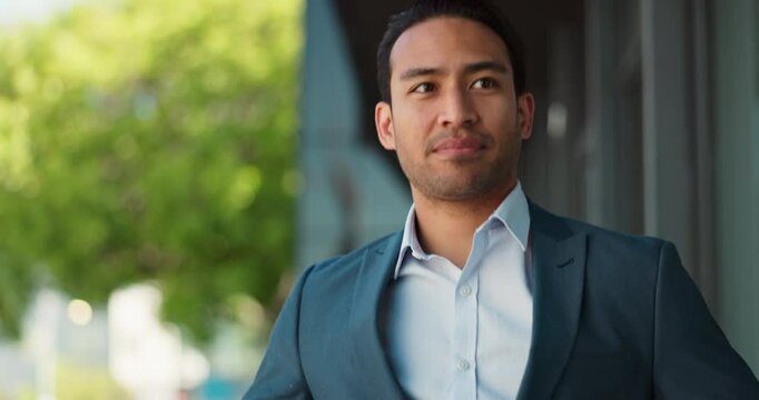 Office, walking and business man with confidence, pride and urban fashion on morning commute. Consultant, professional and businessman in city with trendy style, career development and opportunity.