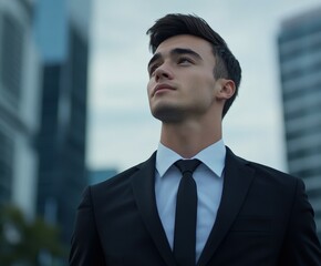 Fototapeta premium Confident young man in a suit gazing upward in a cityscape setting