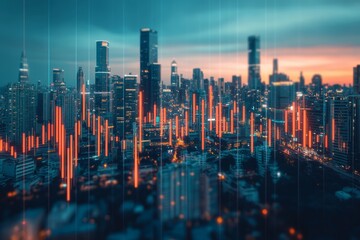 Modern city business center with stock market bar chart symbolizing finance and investment trends