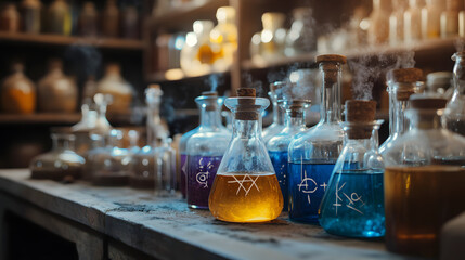 A Mysterious Alchemist's Laboratory Filled with Bubbling Potions and Arcane Symbols of Discovery