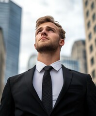 Confident businessman gazes upwards in urban cityscape during daylight