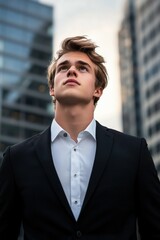 Fototapeta premium Young man in a suit gazes upward against a modern city skyline