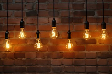 Spiral led bulbs with warm light. Glowing bulbs against a brick wall.