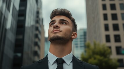 Fototapeta premium Young man in formal suit gazing upwards in urban cityscape during daytime