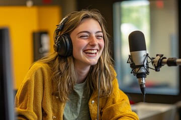 Young woman enjoys recording a podcast in studio, smiling and engaging with her audience