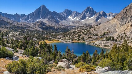 Naklejka premium A serene alpine lake surrounded by towering mountains and pine trees under a clear blue sky.