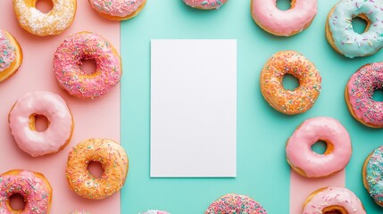 pastel frame background with vibrant donuts arranged around it, creating a fun and colorful design perfect for branding, social media, and promotional materials